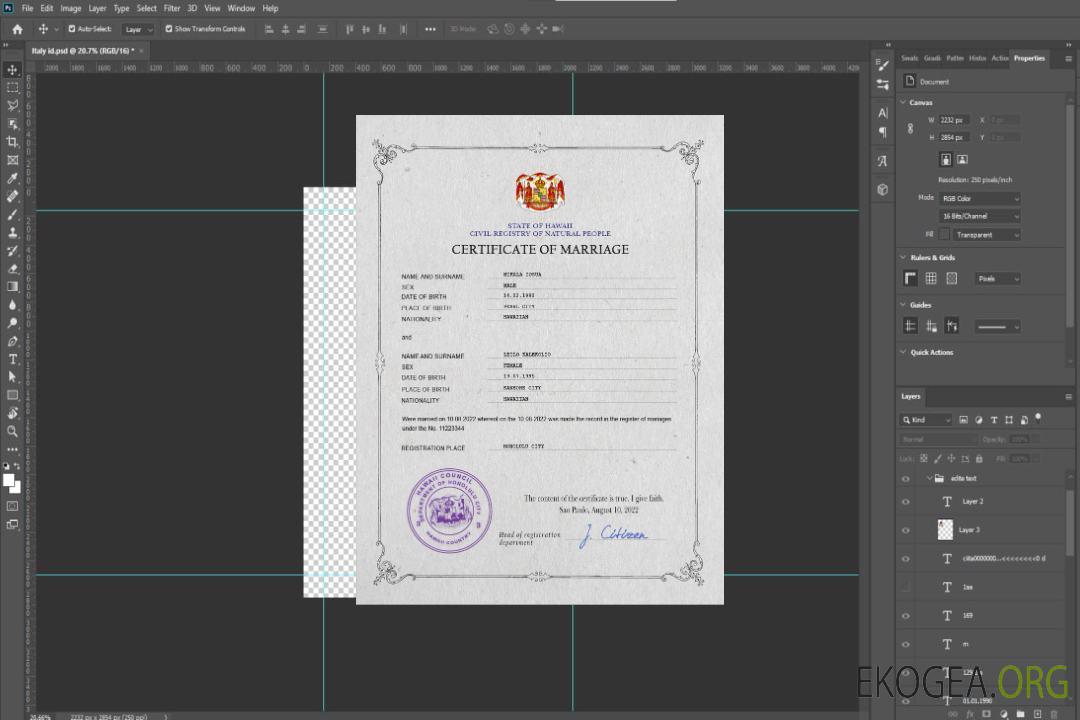 Modèle PSD de certificat de mariage à Hawaï template